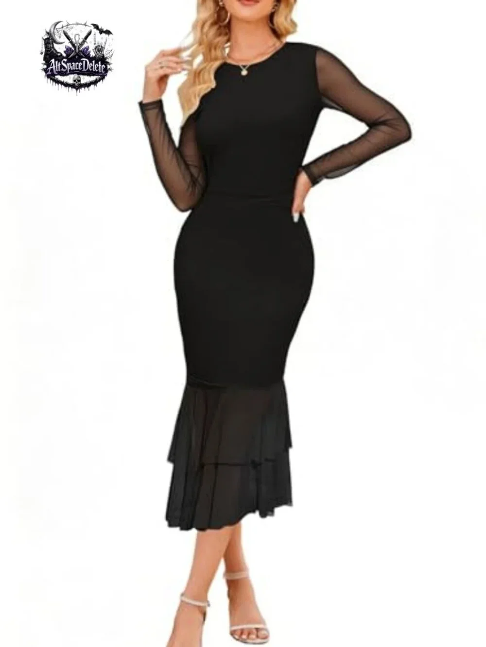 Long Sleeve Ruched Bodycon Midi Dress Ruffle Hem Party Cocktail
